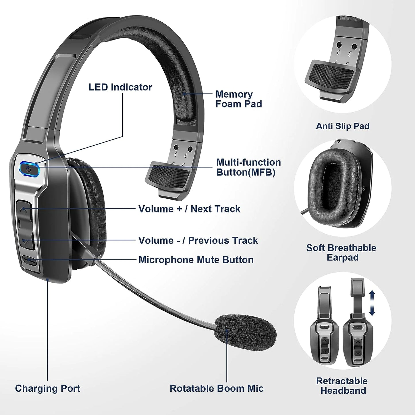 Trucker Bluetooth 5.2 Wireless Headset With Noise Cancelling Mic