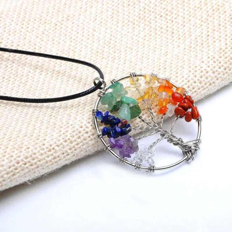 7 Chakra Tree of Life Pendant Necklace - Natural Gemstone Healing Crystals