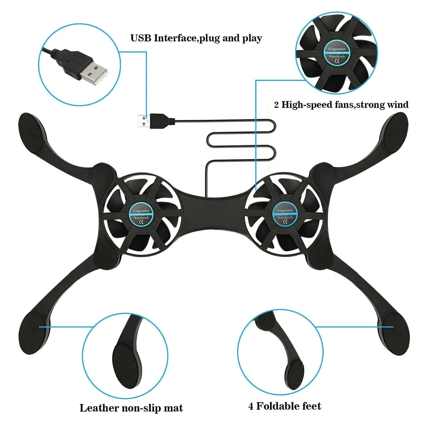 Dual USB Cooling Fan Pad Foldable Slim Fans Cooler Stand For Laptop & PC
