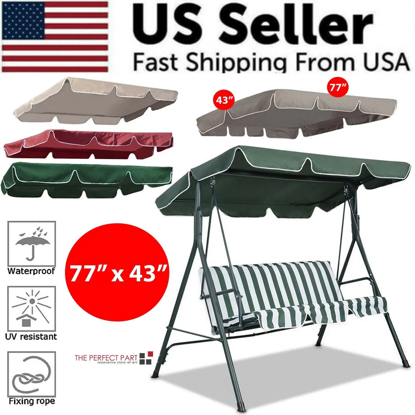 77"x43" Patio Swing Canopy Replacement Cover - Outdoor Porch Top