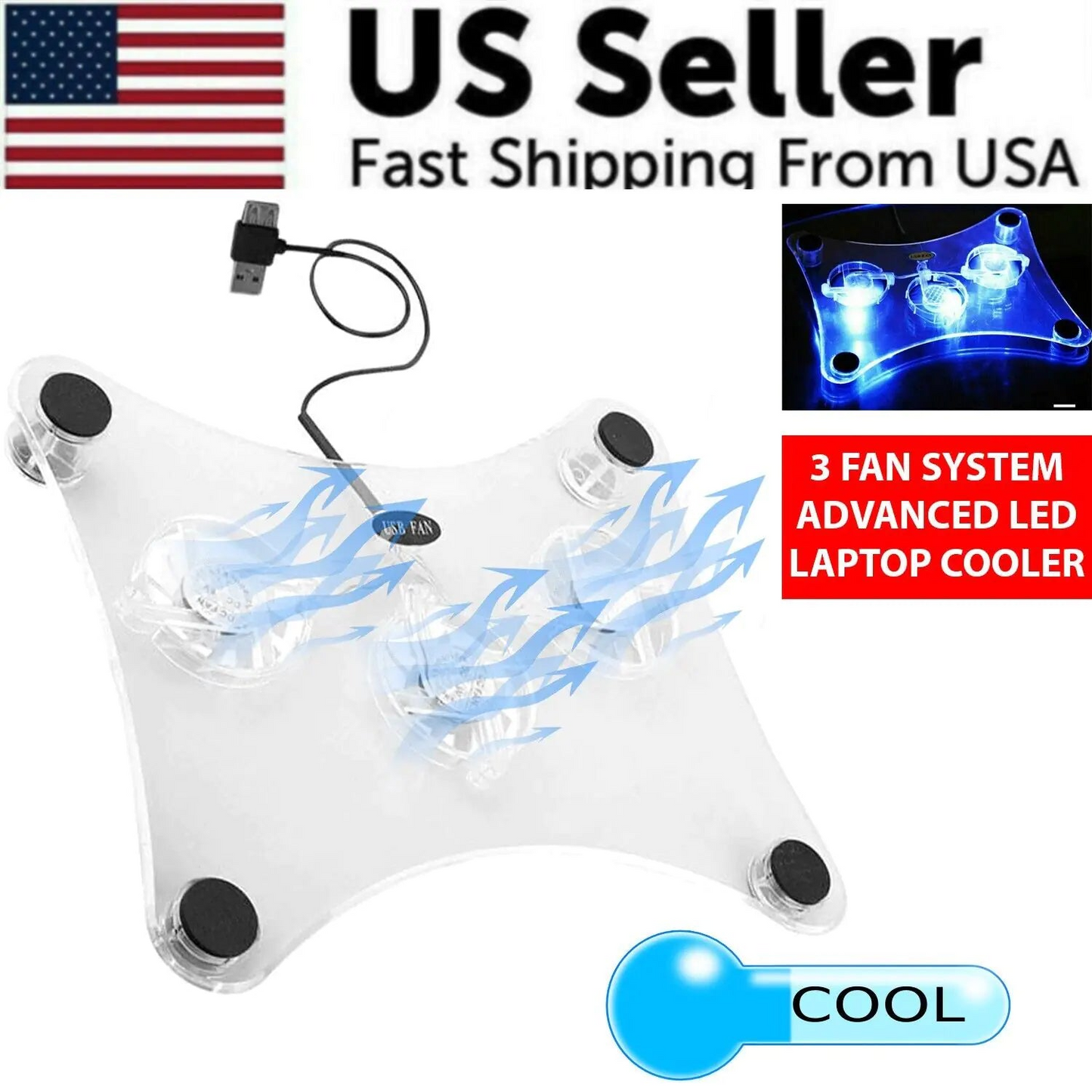 3 Fans USB Cooler Cooling Pad Stand LED Light Radiator For Laptop & PC