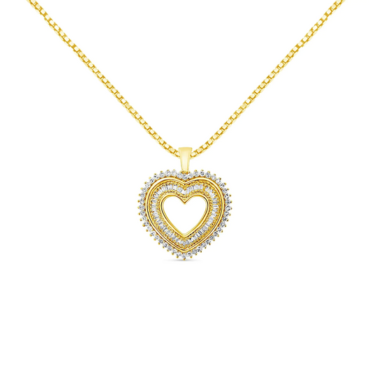 14K Yellow Gold Plated .925 Sterling Silver 1.0 Cttw Round and Baguette-Cut Diamond Composite Hearth 18" Pendant Necklace (I-J Color, I1-I2 Clarity)