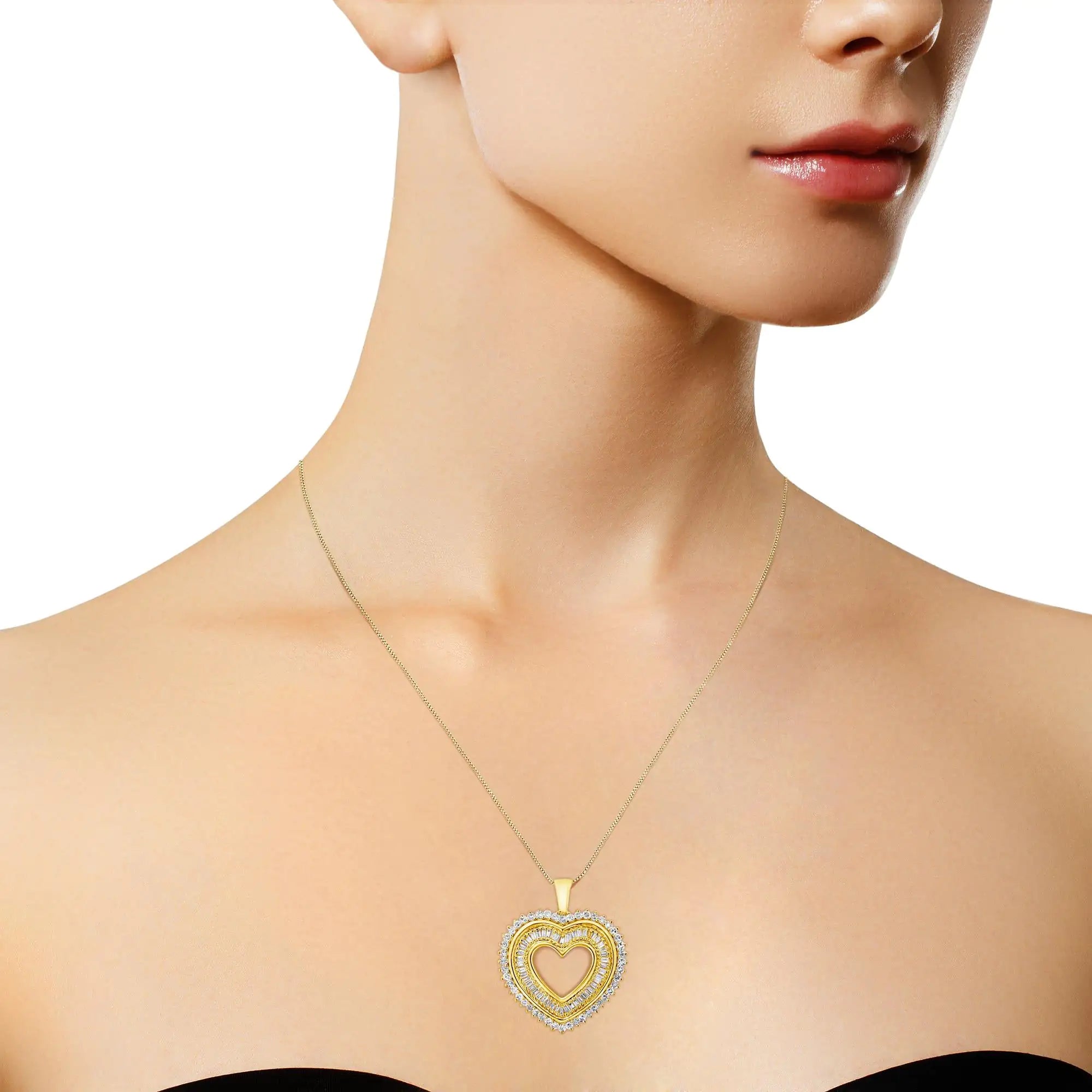 14K Yellow Gold Plated .925 Sterling Silver 1.0 Cttw Round and Baguette-Cut Diamond Composite Hearth 18&quot; Pendant Necklace (I-J Color, I1-I2 Clarity)
