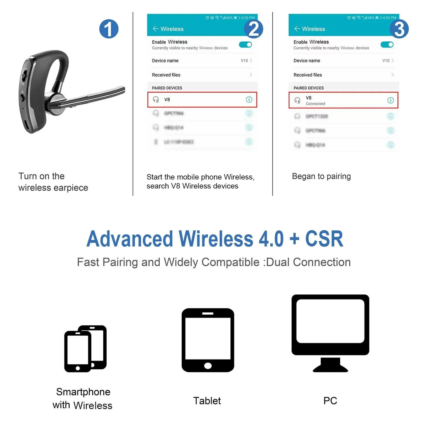 Bluetooth Earpiece Wireless Headset Noise Cancelling Headphones for Drivers & Truckers