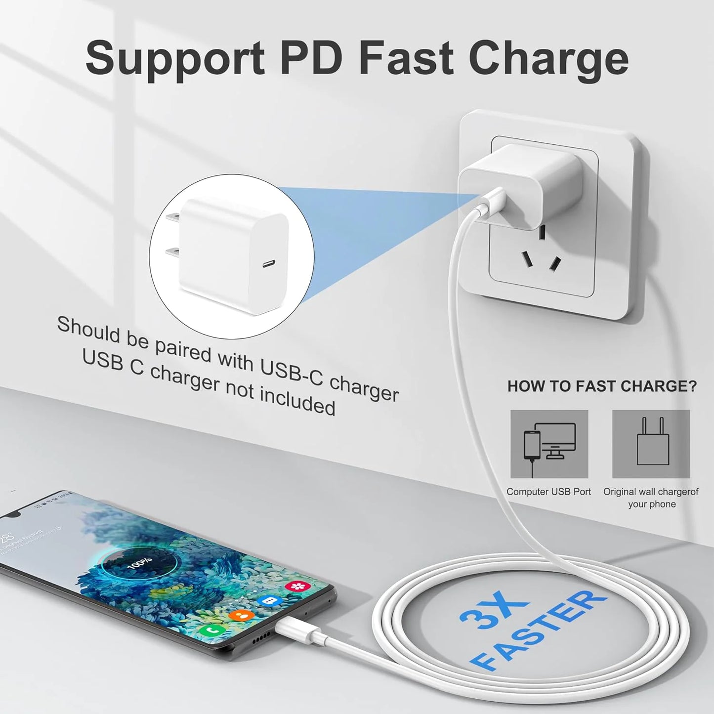 10 Pack For Samsung and iPhone 15 USB-C to USB-C Fast Charger