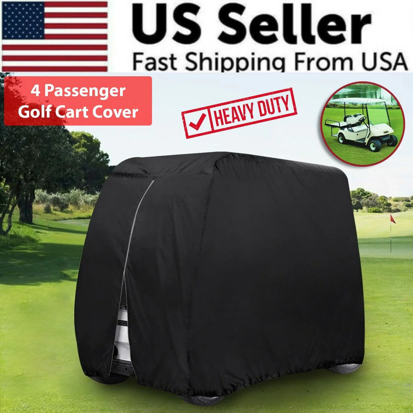 Waterproof 4-Passenger Golf Cart Cover with Zipper & Elastic Hem